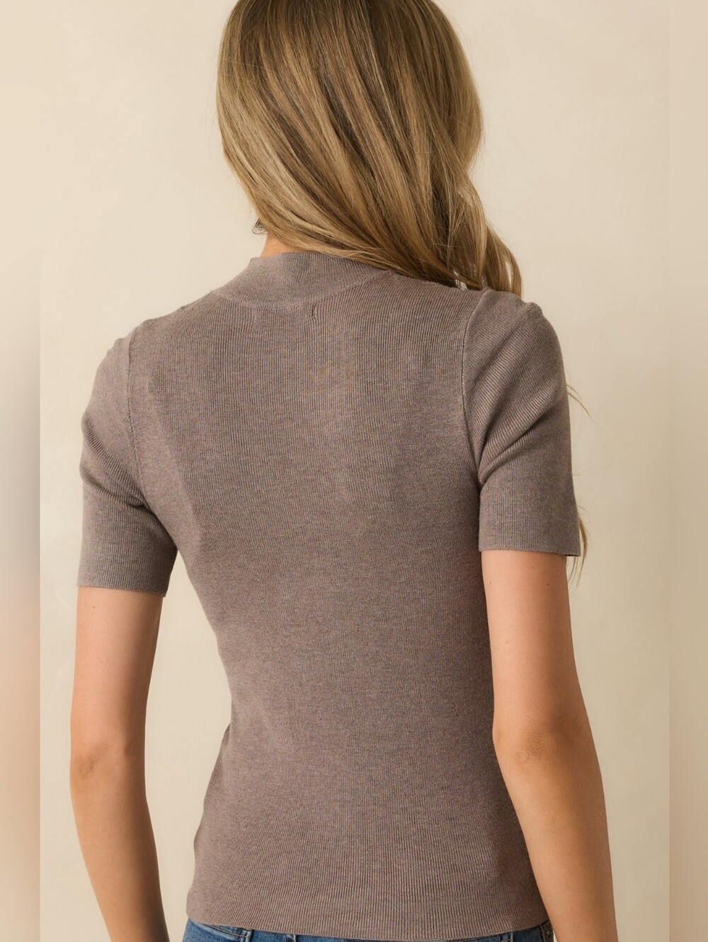 JOIE Taupe  Fitted Ribbed Knit Pima Cotton Mock-neck Short-Sleeved Top Sz Large - Picture 7 of 11